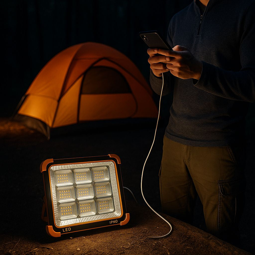 Foco Recargable 1500 Watts Solar Portátil 5 Modos De Luz Usb Naranja