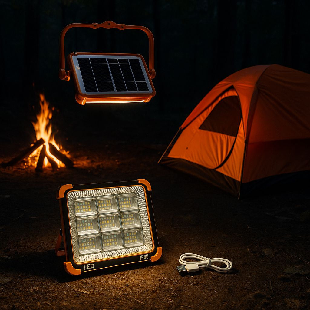 Foco Recargable 1500 Watts Solar Portátil 5 Modos De Luz Usb Naranja