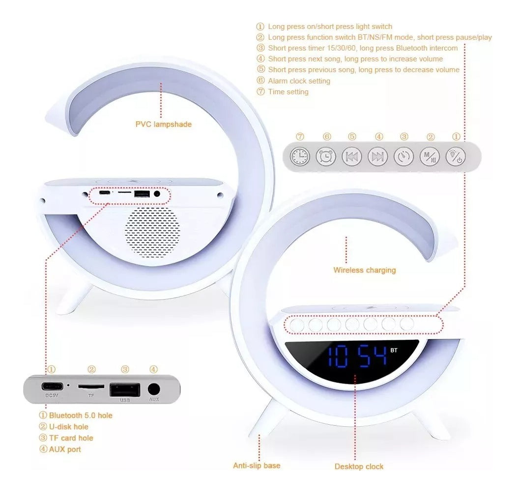Lámpara Inteligente De Mesa Luces Bluetooth Cargador Reloj