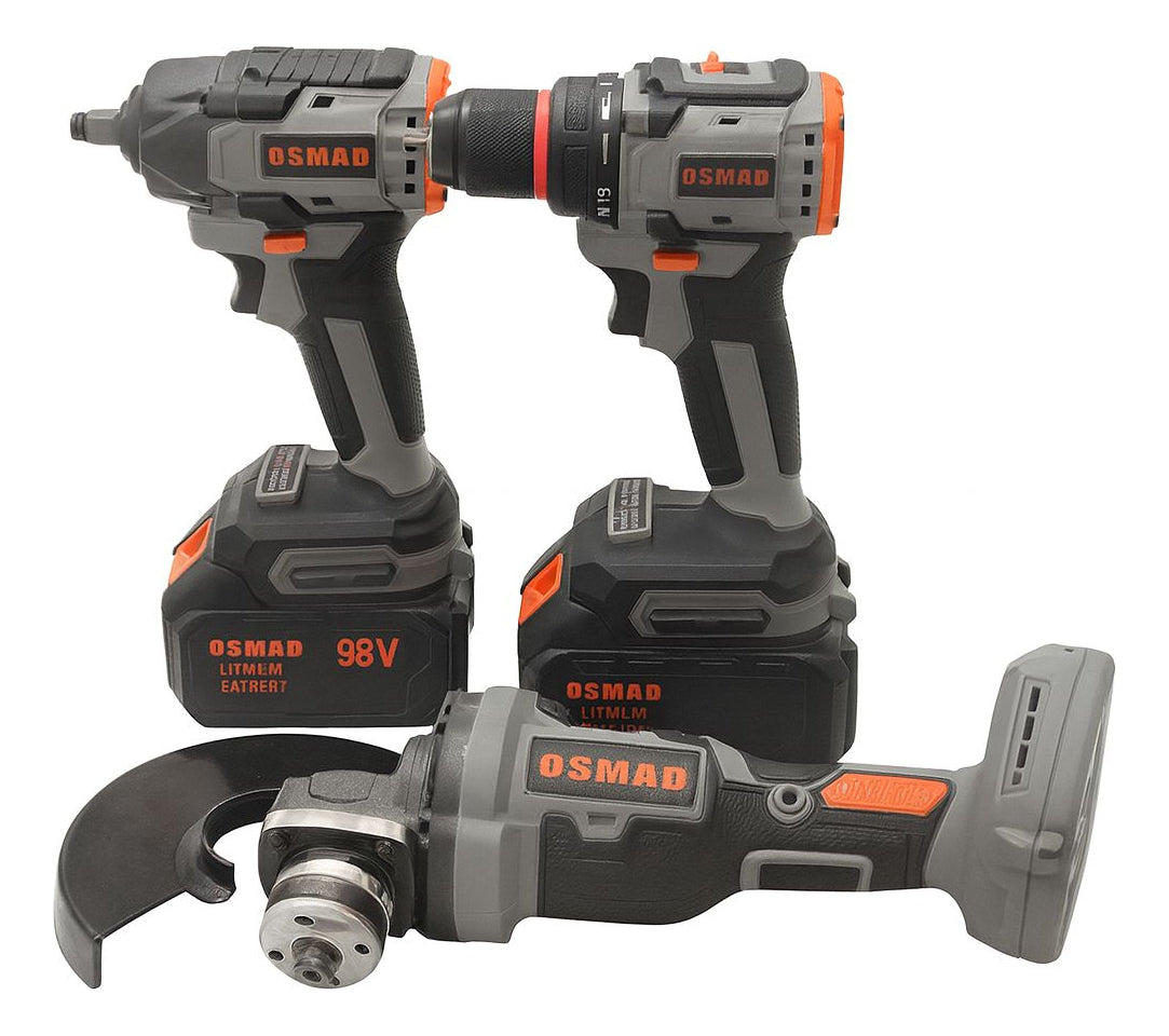 Set 3 Herramientas Taladro Llave De Impacto Y Esmeril 98v Negro