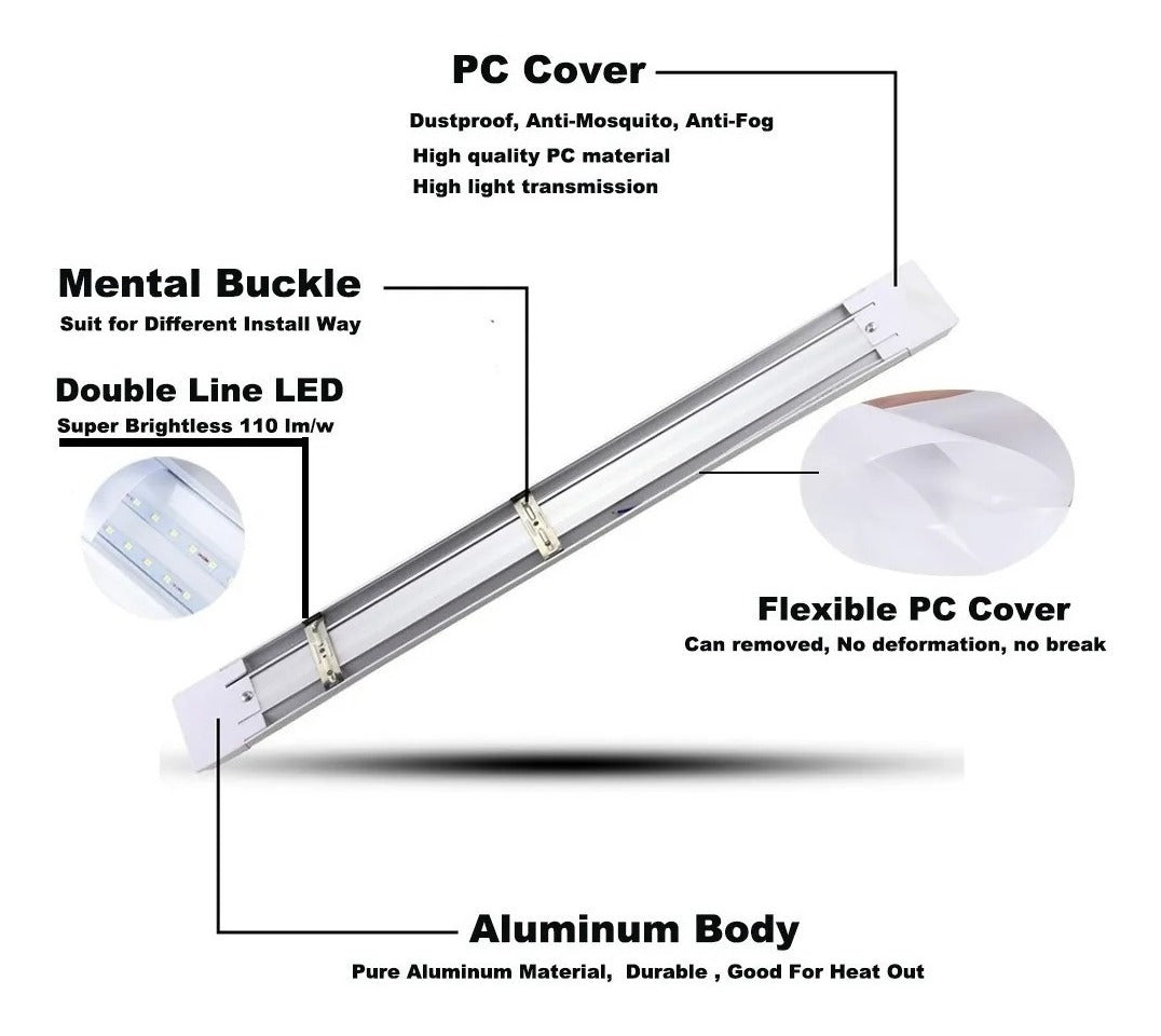 Foco Led Tubo Plano Iluminacion Luz 36w Canaleta 120cm