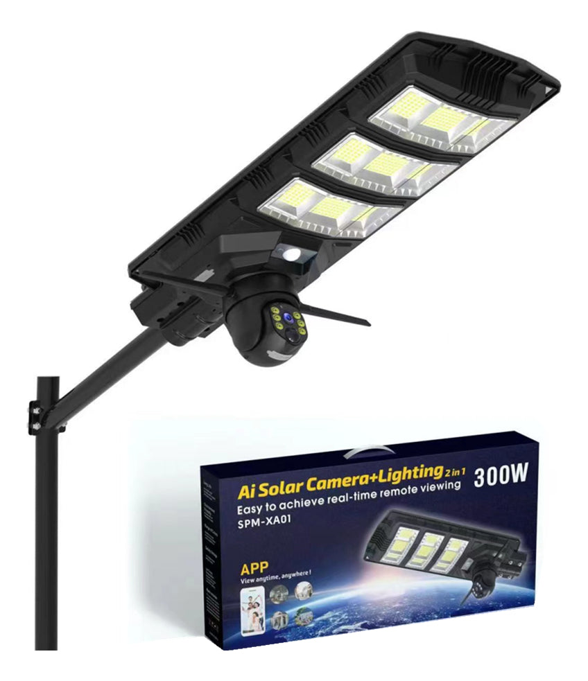 太阳能 LED 户外聚光灯放大镜柱灯和传感器 300W 带 IP 摄像头 Wifi 应用程序 V380