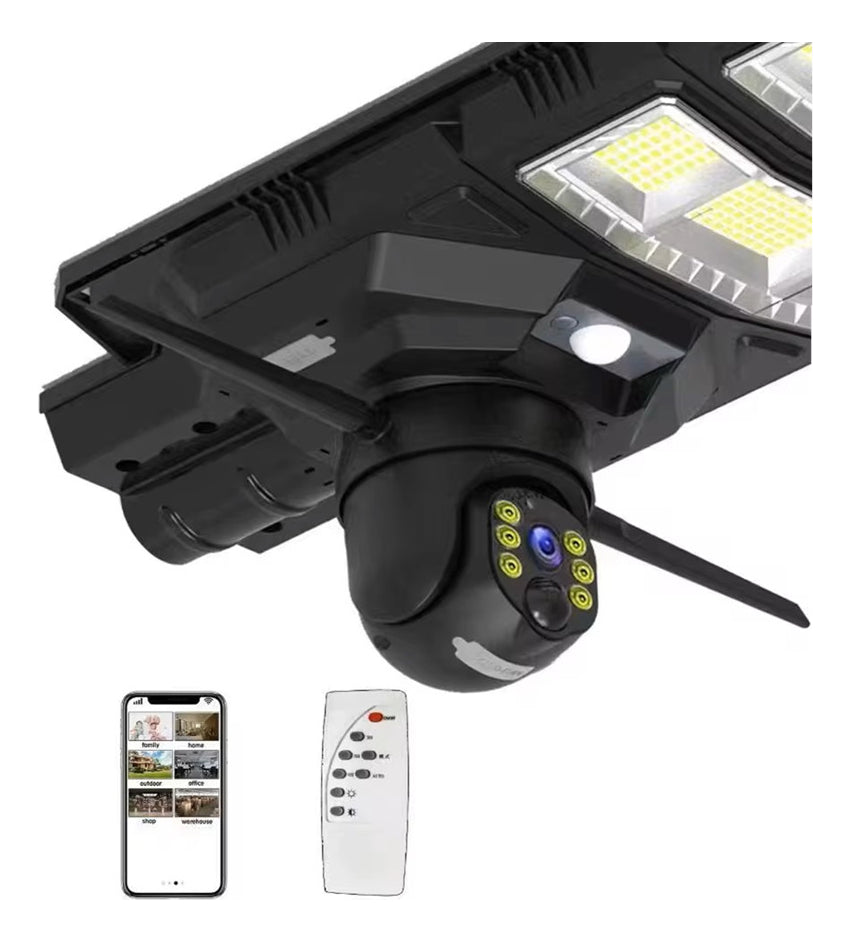 太阳能 LED 户外聚光灯放大镜柱灯和传感器 300W 带 IP 摄像头 Wifi 应用程序 V380
