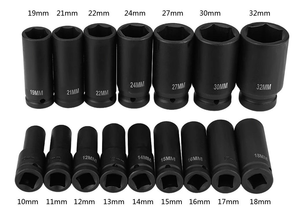 Juego Kit Set Dados De Impacto 1/2, 16 Piezas De 10 A 32 Mm