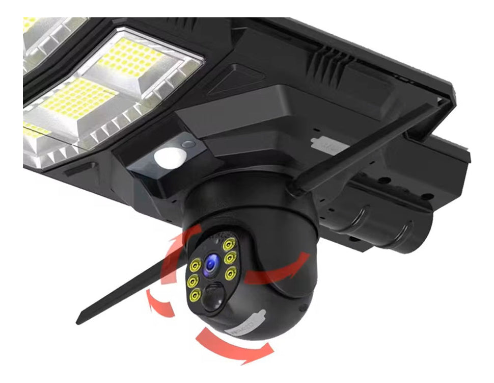 太阳能 LED 户外聚光灯放大镜柱灯和传感器 300W 带 IP 摄像头 Wifi 应用程序 V380