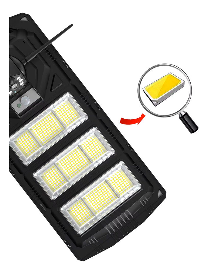 太阳能 LED 户外聚光灯放大镜柱灯和传感器 300W 带 IP 摄像头 Wifi 应用程序 V380
