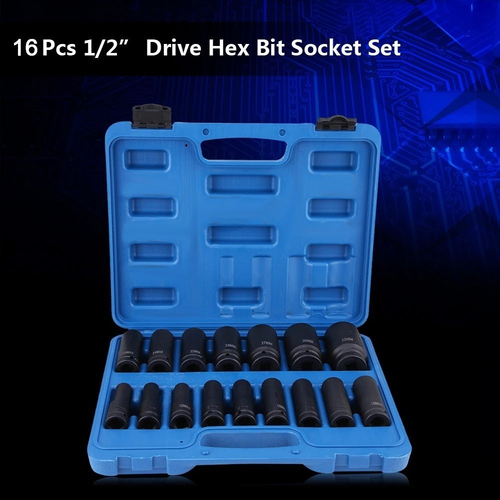 Juego Kit Set Dados De Impacto 1/2, 16 Piezas De 10 A 32 Mm