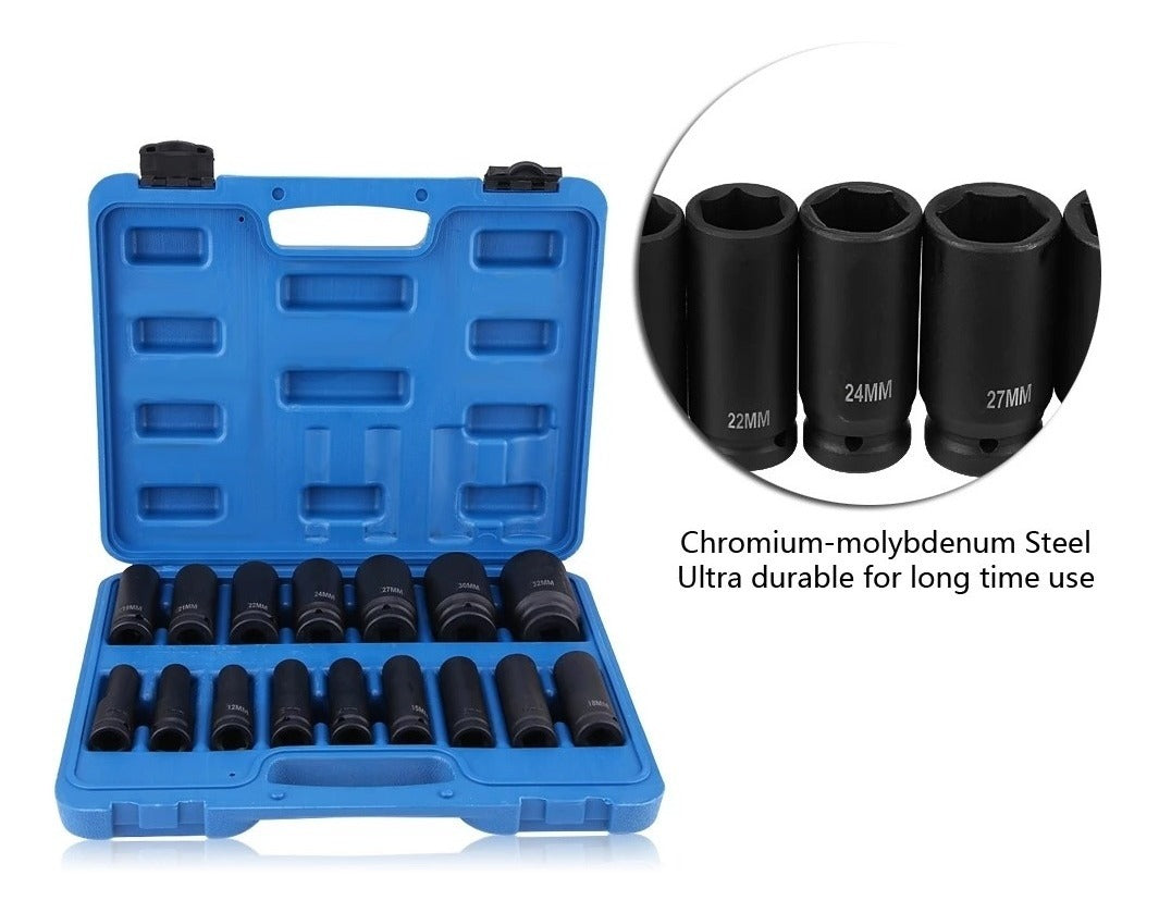 Juego Kit Set Dados De Impacto 1/2, 16 Piezas De 10 A 32 Mm