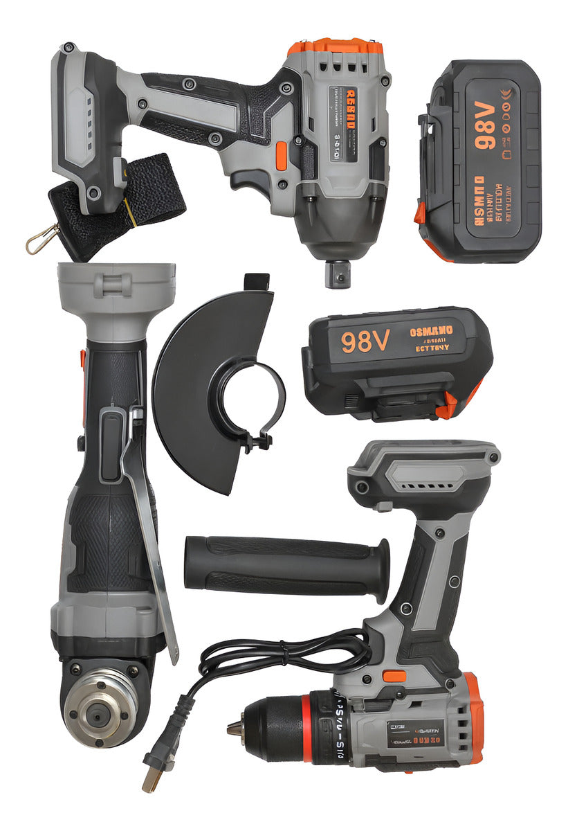 Set 3 Herramientas Taladro Llave De Impacto Y Esmeril 98v Negro
